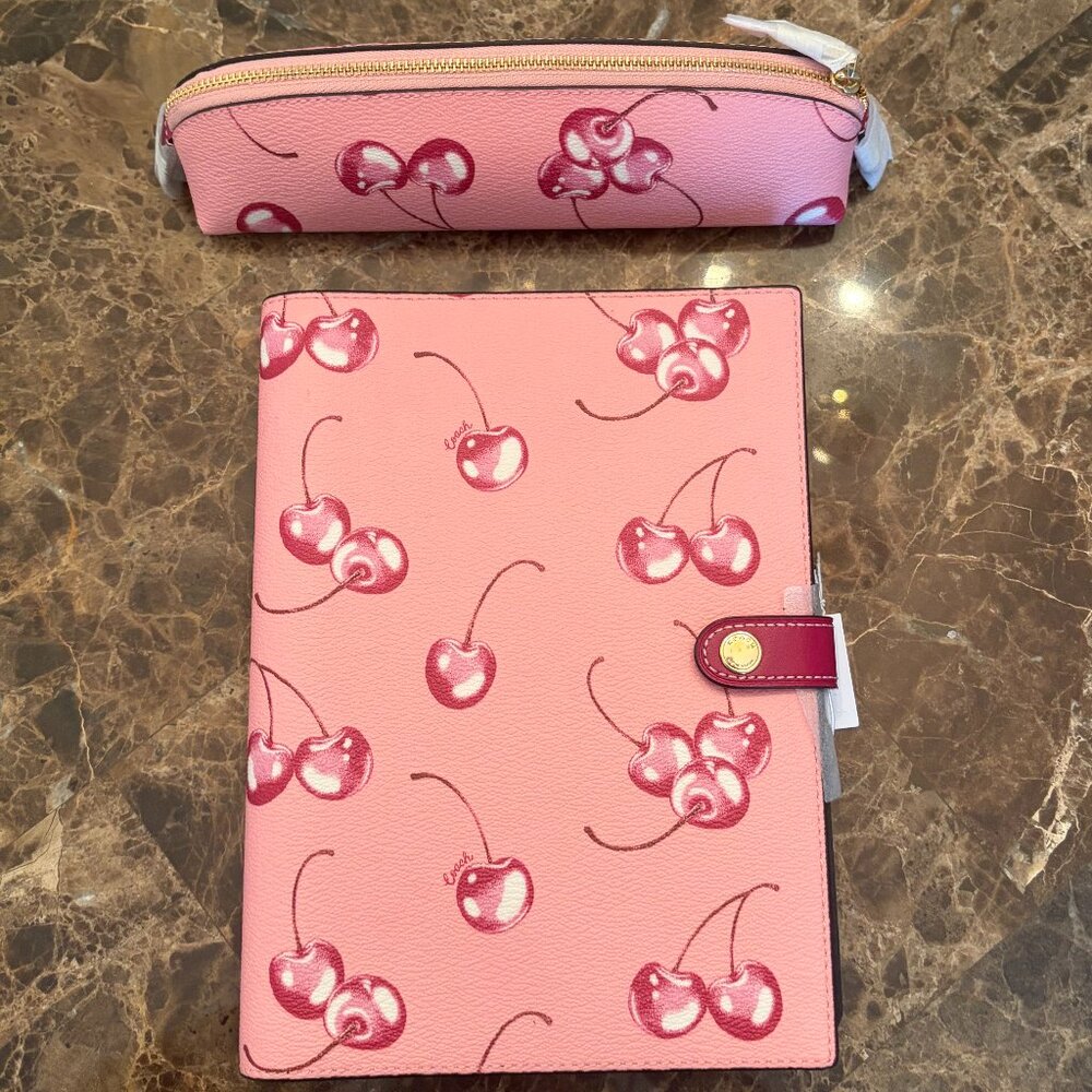 NWT Coach Notebook and Pencil Case Set in Pink Cherry Print